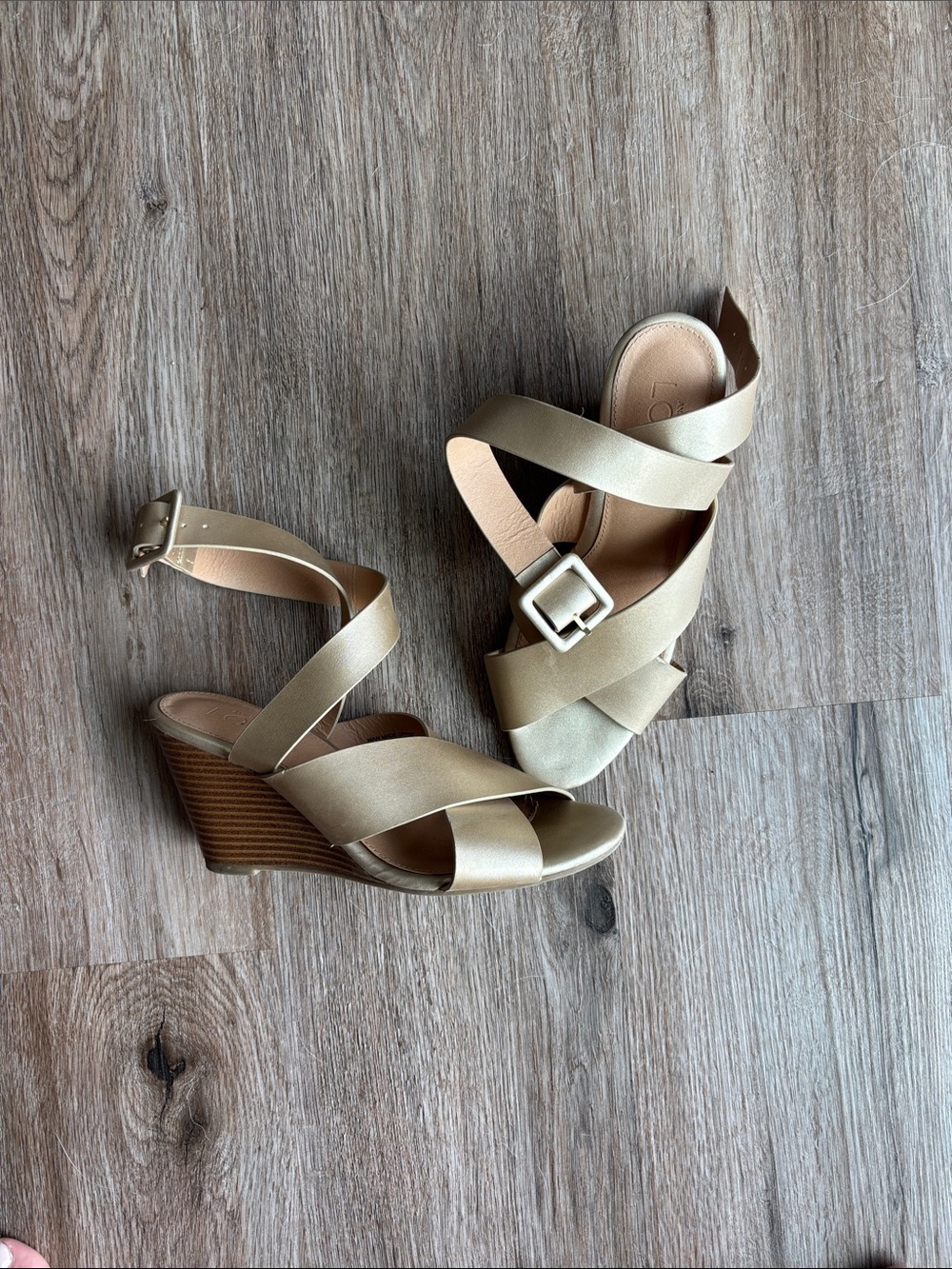 💛2 For $15! LOFT Metallic Gold Wedge Sandals with Buckle Strap